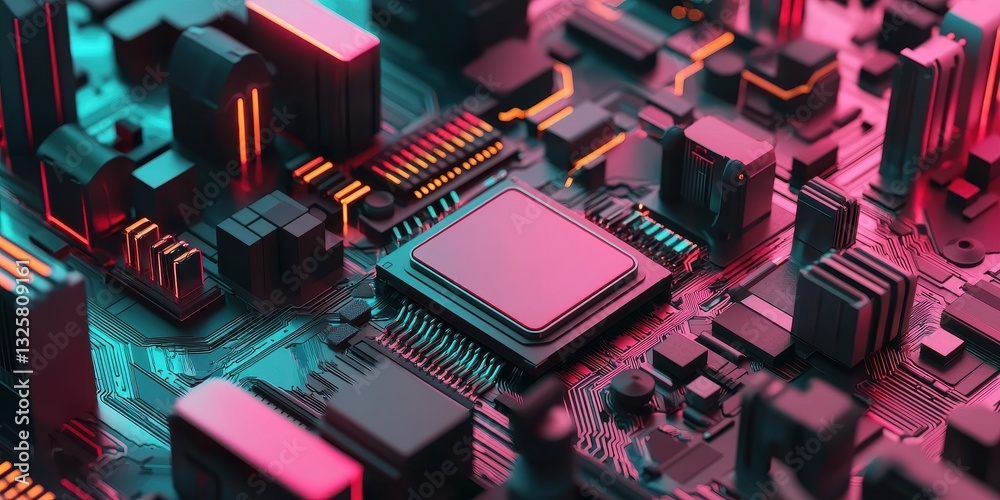 Poster A vibrant close-up of a circuit board featuring intricate components and colorful lighting effects.