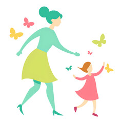 Playful Image of a Mother and Child Chasing Butterflies for Mothers Day PNG Illustration