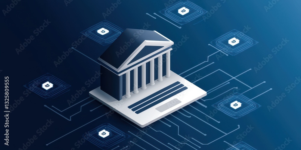Poster a digital representation of a bank building surrounded by network connections, symbolizing financial