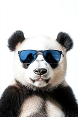 Fototapeta premium Panda wearing sunglasses posing humorously against a white background for fun, wildlife, and animal-themed content and stock imagery.