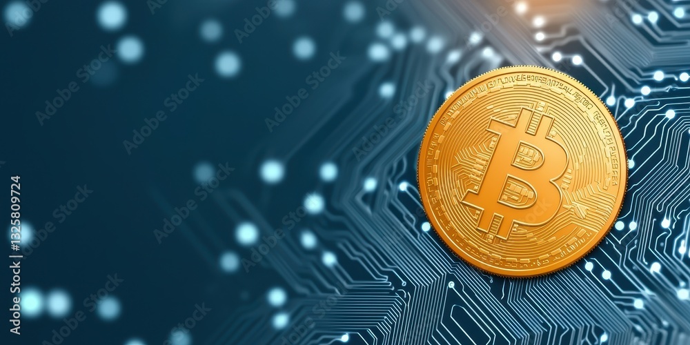 Poster A close-up of a Bitcoin coin on a circuit board, symbolizing the intersection of cryptocurrency and technology.