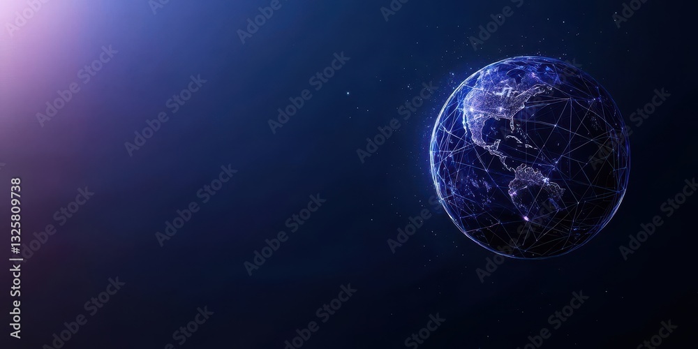 Poster a glowing digital globe against a dark backdrop, showcasing interconnected lines and cities, represe