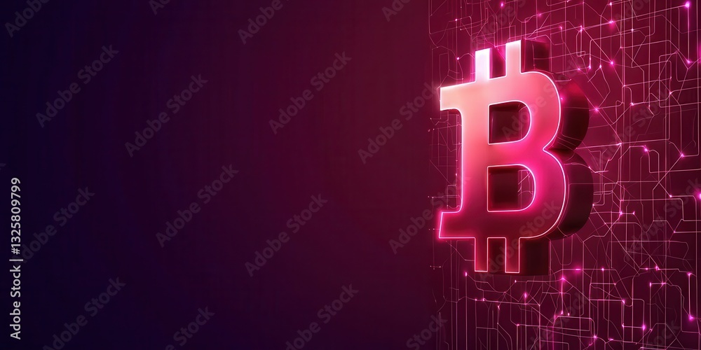 Poster a vibrant digital representation of the bitcoin symbol, set against a background of intricate, glowi
