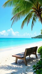 Empty bench on sandy shore with calm ocean view and clear blue skies, sand, peaceful