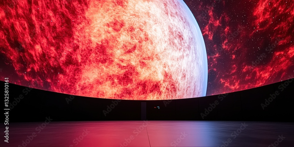 Poster a vibrant, immersive display of a massive, fiery celestial body under a dome, creating a captivating