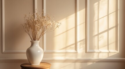 A pristine white vase sits gracefully on a wooden table, its round body and slender neck elegantly tilted to the left, casting gentle shadows