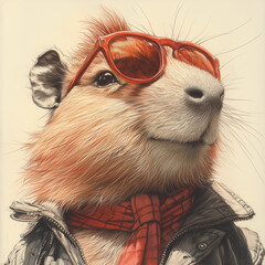 Cute Old School rock star capybara, sepia, rocker vibe, rockstar
