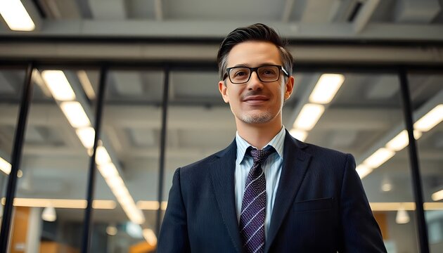 Confident Business Portrait: A poised businessman with glasses stands confidently, his expression reflecting the spirit of success. A portrait capturing a man ready for his professional endeavors. 