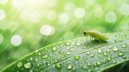 Naklejka premium Green Insect on Wet Leaf with Raindrops in Nature, Macro Photography of Rainy Day and Biodiversity Concept