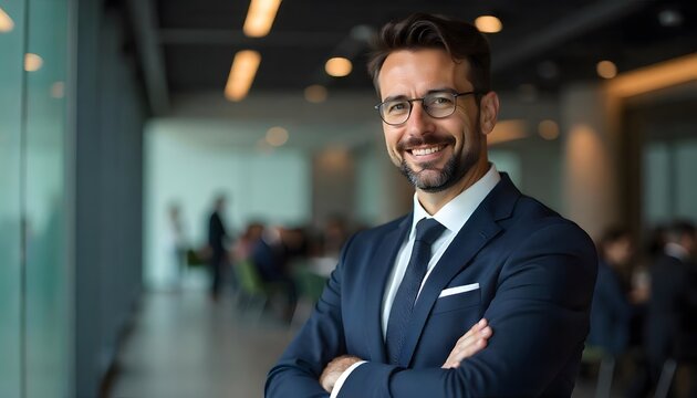 Confident Portrait: A sophisticated and stylish man, a portrait of professional elegance, exudes confidence with a warm smile, set against the backdrop of a contemporary office environment.