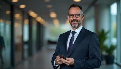 Modern Professional's Portrait: A confident businessman, impeccably dressed in a suit and tie, stands in a modern office setting, engaged with his phone. The image conveys a sense of professionalism.