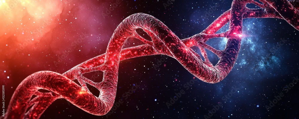 Poster A vibrant depiction of a DNA double helix against a cosmic background, illustrating the intersection of science and the universe.