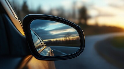 Close-up view of a car's side mirror reflecting a scenic landscape during sunset