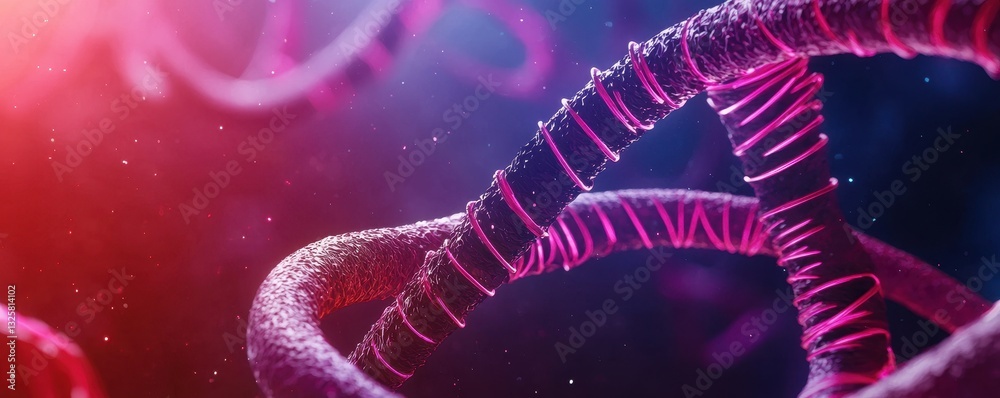 Poster A vibrant, abstract representation of DNA strands against a colorful background, showcasing the complexity of genetic structures.