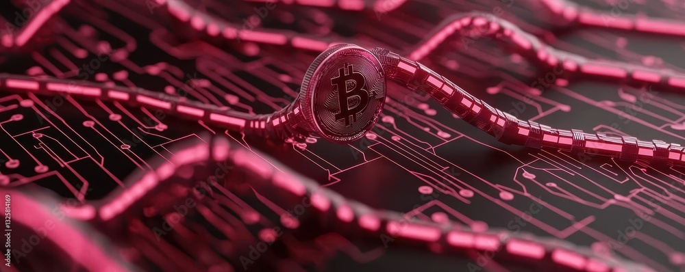 Poster a close-up view of vibrant red circuit patterns, resembling a digital landscape, set against a dark 