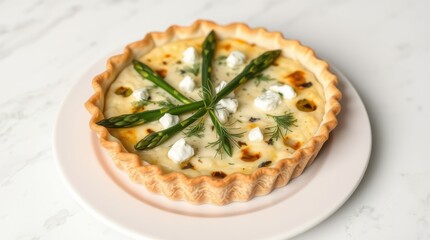 Delicious asparagus quiche with cheese and herbs, a perfect brunch or light meal option. Tasty food.