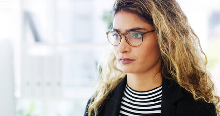 Reading, business or woman on computer in startup for online performance, report update and blog...