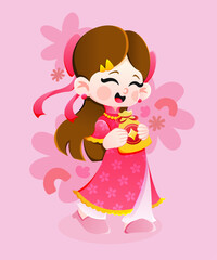 A girl wearing a traditional Vietnamese áo dài during Tet.
