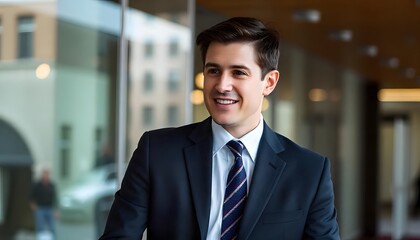 Fototapeta premium Confident Business Man: A handsome businessman, radiating confidence in his tailored suit, walks through a modern architectural space. Capturing his determined gaze and approachable demeanor.