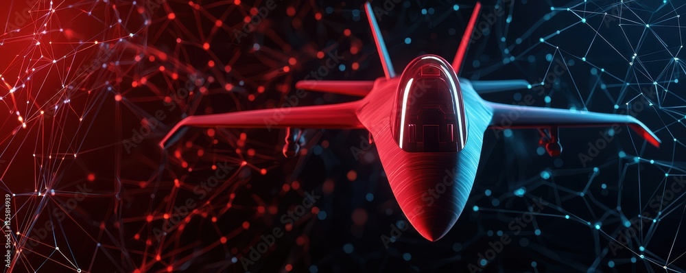 Poster a futuristic jet aircraft depicted in red and blue lights, set against a digital network backdrop, s