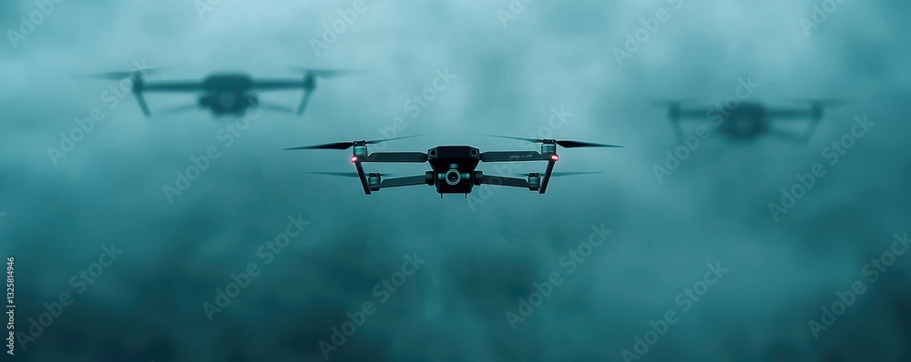 Poster Three drones navigate through a misty environment, creating a mysterious and technological atmosphere.