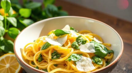 A sunny bowl of vibrant spaghetti with fresh basil, cheese and greens. A delicious and inviting meal.