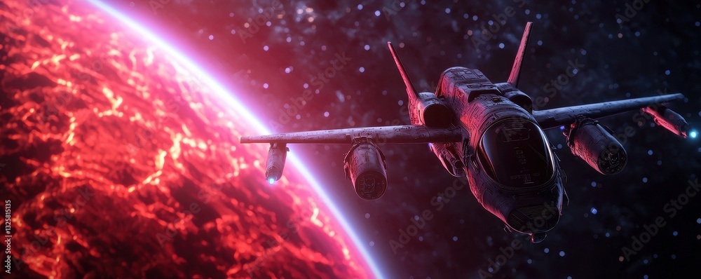 Poster a futuristic spacecraft flies through space, approaching a vividly colored planet with bright red hu