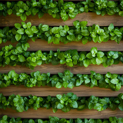 Lush Green Plants in a Brown Wooden Vertical Garden