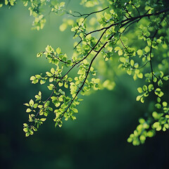 Obraz premium Lush Green Spring Leaves on Branch Soft Light Bokeh Background