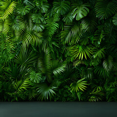 Lush Green Tropical Leaf Wall with Dark Floor Background