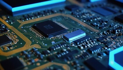 High-tech circuit board background, abstract digital technology presentations, electronic components, digital infrastructure, blue tech theme, modern electronics evolution expansion background,945