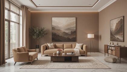 Fototapeta premium Modern living room with beige furniture, large windows, and artwork