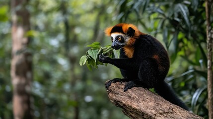 Vibrant Monkey with Orange Fur Sitting on a Tree Branch in Lush Green Jungle Setting