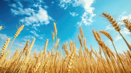 Fototapeta premium Golden Wheat Field Under Bright Blue Sky with Fluffy Clouds