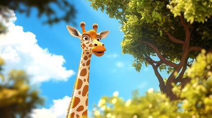 Fototapeta premium Giraffe standing under trees with blue sky and clouds in background