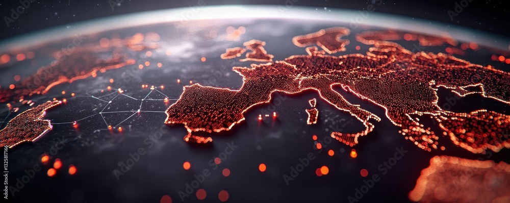 Poster a digital view of europe illuminated by red lights, showcasing a network of connections against a da