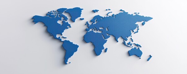 Obraz premium A three-dimensional blue map of the world displayed against a white background, emphasizing global geography and connections.
