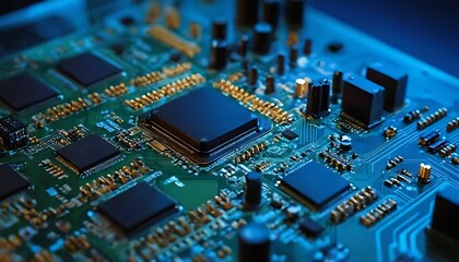 Fototapeta premium High-tech circuit board background, abstract digital technology presentations, electronic components, digital infrastructure, blue tech theme, modern electronics evolution expansion background,78