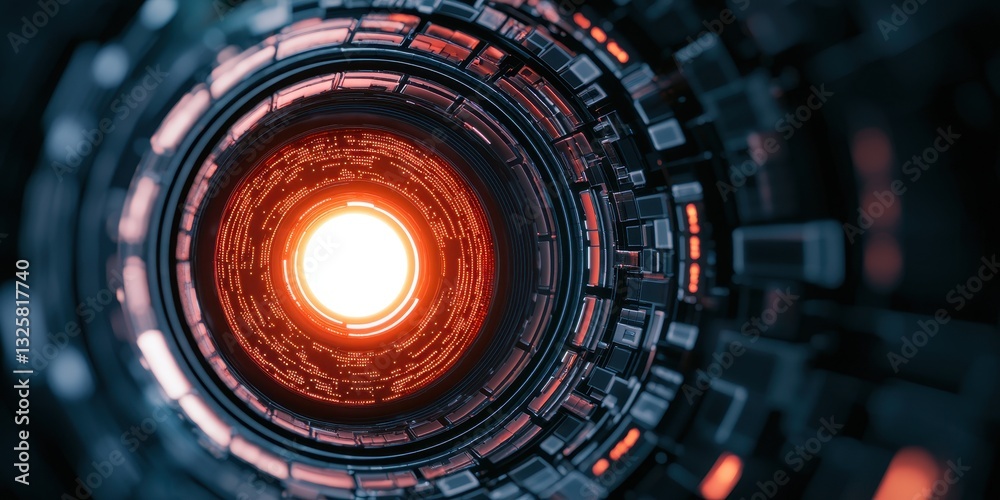 Poster A mesmerizing view of a glowing circular tunnel, showcasing intricate patterns and a vibrant orange light at its core.