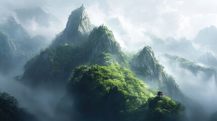 Majestic Mountains Shrouded in Mist with Lush Greenery in Landscape