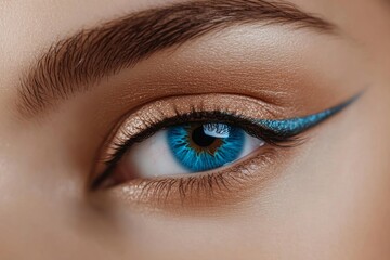 Obraz premium Stunning Blue Eye Closeup Makeup Beauty Shot Professional Model Brown Eyebrows Bronze Eyeshadow 