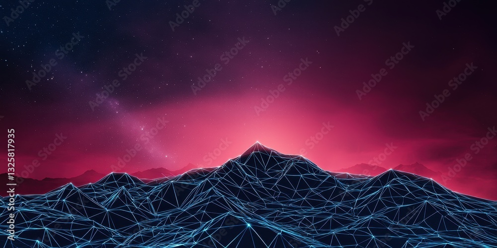 Poster a digital landscape featuring abstract mountains with a vibrant purple and pink backdrop, creating a