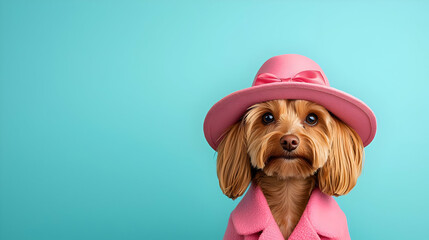 Adorable Dog in Pink Hat and Jacket on Turquoise Background