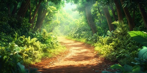 Obraz premium A medium-close-up reveals a reddish-brown path weaving through a verdant forest's heart, inviting exploration amidst nature's vibrant tapestry