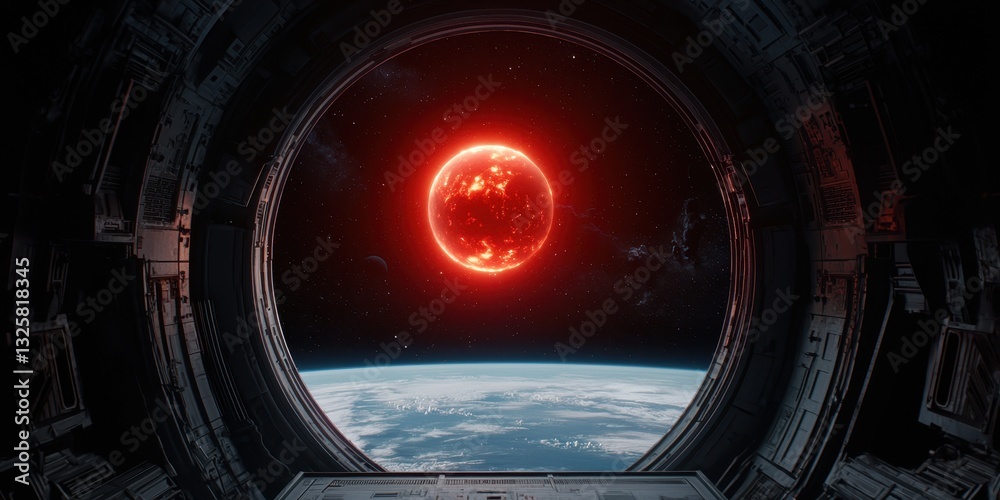 Aufkleber a vivid view of a red sun seen through a circular window, with earth visible below, creating a strik