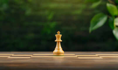 Wooden Chess King Piece on Board Against Blurred Background