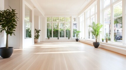 Fototapeta premium Spacious Sunlit Room with Large Windows and Green Plants