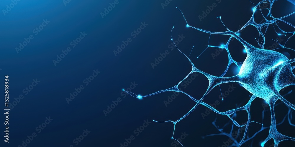 Poster a close-up image of a neuron against a dark blue background, showcasing its intricate structure and 