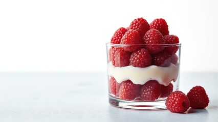 A beautiful glass of layers of raspberries and cream, angle of the photo from the side, white background
