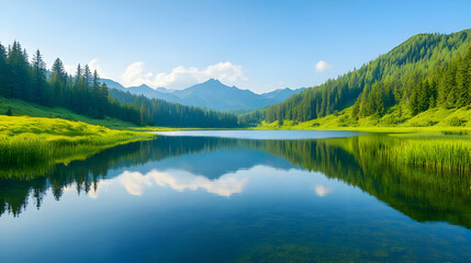 Serene Mountain Lake with Lush Greenery and Reflective Waters